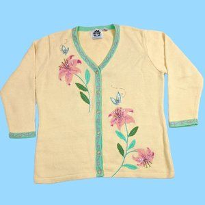 Storybook Knits Lilies Yellow Floral Cardigan